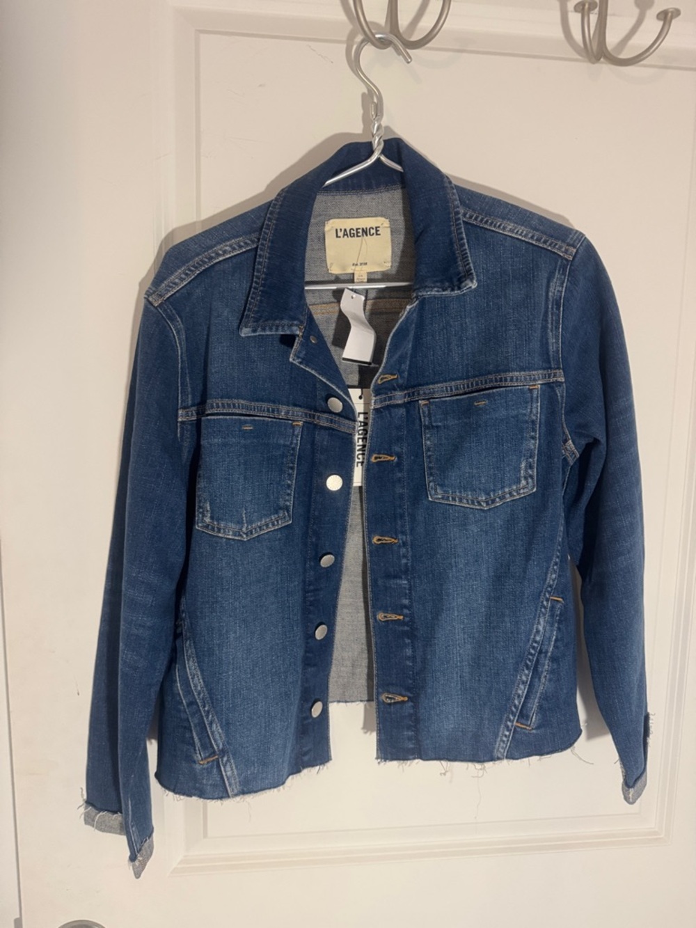 L'AGENCE Distressed Dark Blue Denim Jacket